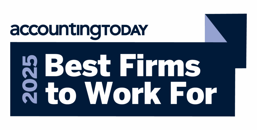 A graphic reads accountingTODAY 2025 Best Firms to Work For in bold white and blue text on a dark blue background with a geometric design in the corner.