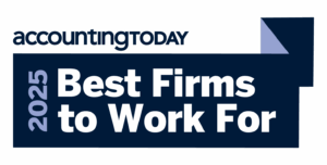 A graphic reads accountingTODAY 2025 Best Firms to Work For in bold white and blue text on a dark blue background with a geometric design in the corner.