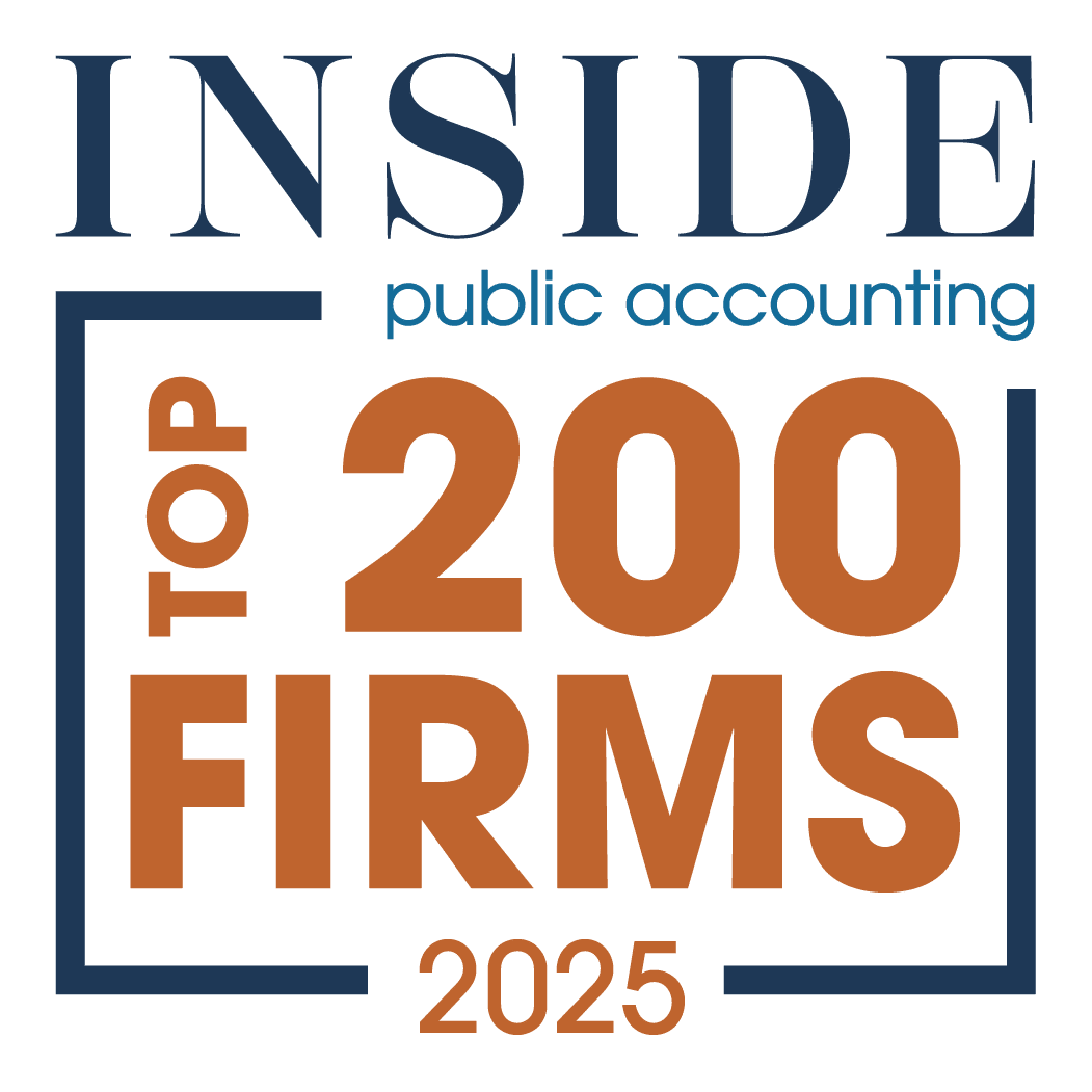 Logo for Inside Public Accounting’s Top 200 Firms 2025, with the text in blue and orange, surrounded by a partial square border.