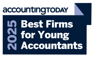 A graphic reads: accountingTODAY 2025 Best Firms for Young Accountants in bold white and blue text on a dark blue banner with a folded corner design.