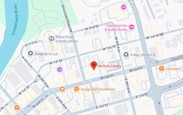 A map of downtown Rome, Georgia, marks Nichols Cauley at West 1st Street and 2nd Avenue, near Doug's Deli Downtown and the library.